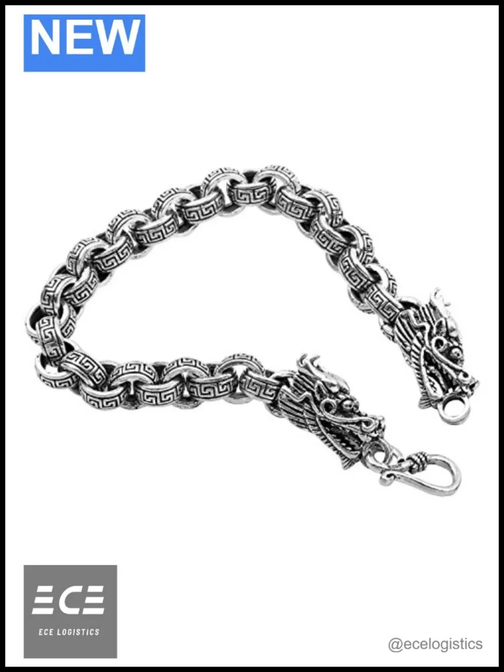 Sterling Silver 7mm Double Dragon Rolo Chain Bracelet Vintage 7.5 inches